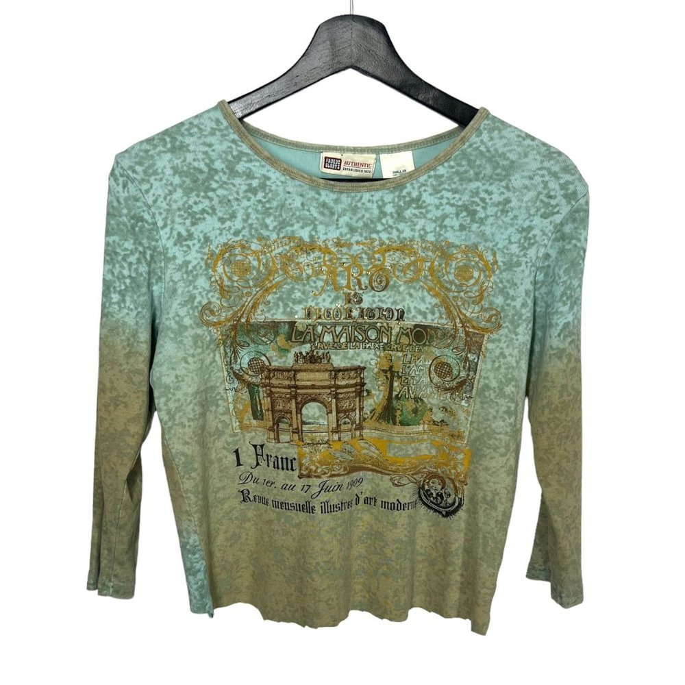 Vintage Y2K Blue Art Nouveau Print Short Waist Top Small